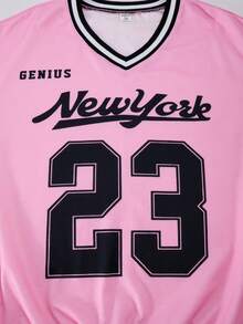 SHEIN ChillGRL 2件套青少年女孩V领字母印花连帽衫运动衫和工装裤休闲装 - 粉色 - 查看 3