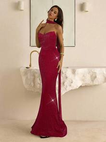 Vowa Vintage Grecian Style Pleated Waist Fitted Bodycon Dress With Ruffle Collar,Suitable For Afternoon Tea,Cocktail Parties,Business Events And Weddings - Burgundy - View 6
