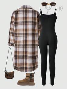 SHEIN ChillGRL 2 件套青少年女孩 ME 宽松休闲格子翻领长衬衫 + 时尚吊带连体裤套装，适合日常、通勤、休闲、度假、与朋友聚会、街拍 - 棕色 - 查看 2