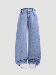 SHEIN ChillGRL 少女宽松牛仔裤，少女阔腿牛仔裤，新款刺绣蝴蝶结直筒裤，宽松版型女童牛仔裤，女童蝴蝶结牛仔裤，粉色蝴蝶结牛仔裤，牛仔女童休闲时尚，适合上学、日常、假期、户外活动和度假穿着，女童蝴蝶结牛仔裤，女童牛仔裤秋冬套装 - 藍色 - 查看 6