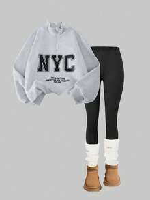 SHEIN ChillGRL Streecool 儿童/少女圆领半拉链插肩宽松休闲字母印花长袖卫衣和修身长裤两件套，适合春秋季休闲街头穿搭。