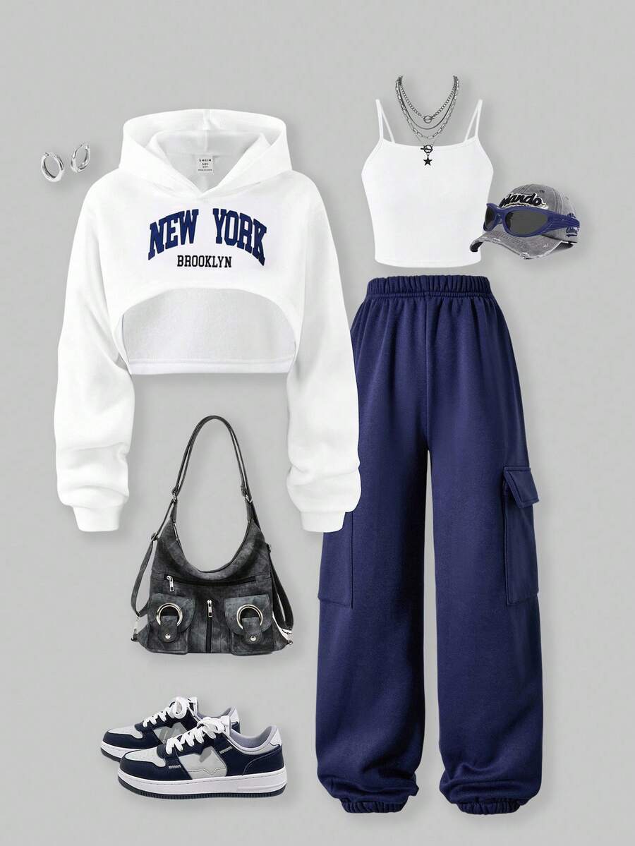 SHEIN ChillGRL 3pcs/Set Teen Girls Casual Thermal Lined Knit Sweatshirt, Camisole, And Cargo Pants With Letter Print, Autumn/Winter Fall - Navy Blue - View 1