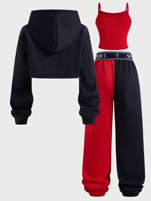 SHEIN ChillGRL 青少年女孩秋季套裝 3件組圓領休閒運動連帽衛衣、黑色相配細肩帶背心，秋冬運動穿搭，舒適日常款 - 黑色 - 查看 2