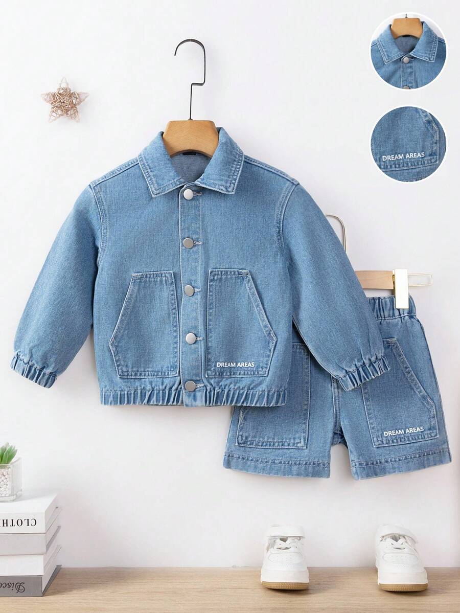 Vacaura Young Boys Denim Set, Casual Fashion Cool Jacket, Printed Denim Top & Shorts, Daily Street & Holiday Outfit