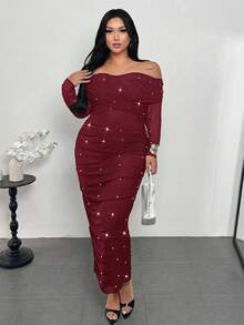 Firerie Váy maxi trễ vai màu đỏ tía thanh lịch đính ngọc trai nhún bèo tôn dáng, lãng mạn cho ngày lễ tình nhân dành cho nữ cỡ lớn - Màu Đỏ Sâu - Xem 7