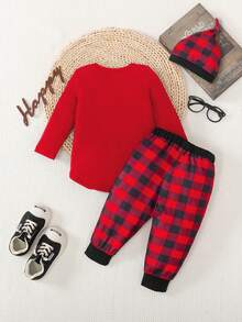 SHEIN Playful Pals 3件套男宝宝万圣节字母印花长袖连体衣+南瓜图案裤子+帽子套装，秋季宝宝圣诞套装，女宝宝圣诞套装，我的第一个圣诞节宝宝套装，格子套装 - 紅色 - 查看 4