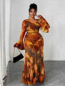 Maweii 大码女式性感半透明超长网纱数码拼接褶裥不对称肩部长袖连衣裙，豹纹印花，适合春、秋、冬三季穿着。女士夏季印花扎染连衣裙，适合度假休闲穿着。 - 彩色 - 查看 4