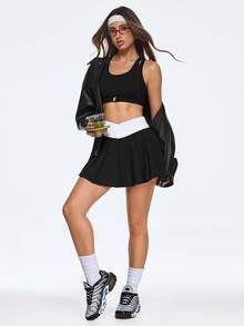 Eassivo Eassivo Women's Black And White Cross Waistband Pleated Sports Skort, Pleated Skirt, Skirt Tennis, Workout Skort, Black And White Pleated Skort - Black and White - View 5