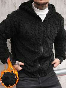 Manfinity CasualCool Men's Coral Fleece Warm Hoodie Sweatshirt For Winter Black Hoodie Men Black Hoodie Men Zip Up Winter, Long Sleeve Top - Black - View 1