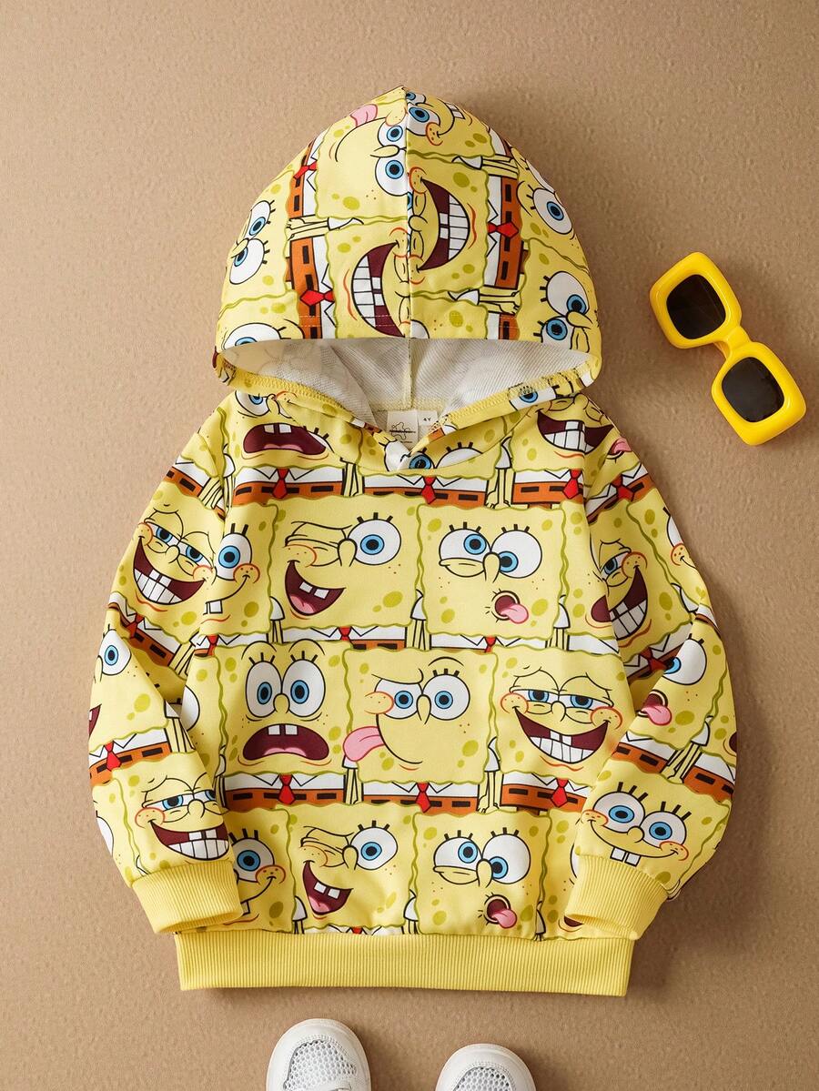 SpongeBob SquarePants | SHEIN Young Boy Cute Cartoon All-Over Print Yellow Long Sleeve Sweatshirt, Casual Everyday Wear, Spring/Autumn - Yellow - View 1