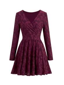 Ellevyn 女士V领长袖性感优雅紫色提花连衣裙 - 紫色 - 查看 6