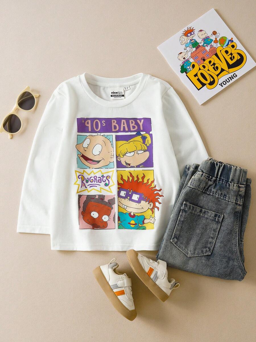 Nick 90s | SHEIN Young Boy Cartoon Friend Character Print White Casual Comfortable Long Sleeve Crew Neck T-Shirt - White - View 1