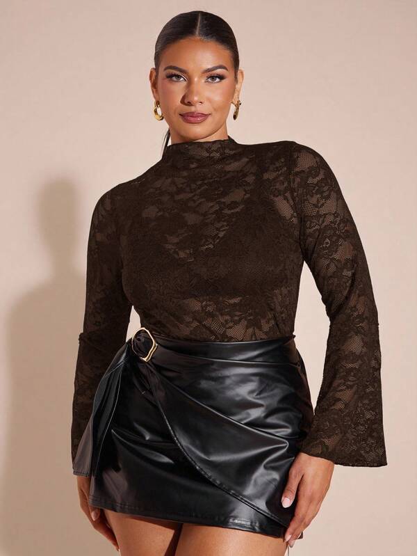 SHEIN BAE Plus Size Women Lace See-Through Long Sleeve Sexy Blouse