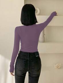 DAZY Women's Turtleneck Tight Fit Thermal Lining T-Shirt With Embroidery Pattern - Purple - View 3