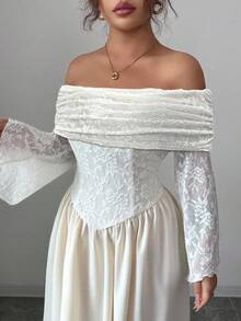 Modelyn Váy chữ A hở vai phối ren màu mơ cỡ lớn thanh lịch dành cho nữ - Màu be - Xem 4