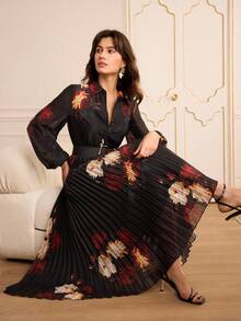 Lilora 女士休闲长袖收腰长连衣裙 - 黑色 - 查看 8