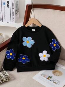 Young Girls Floral Embroidered Fleece Crew Neck Sweatshirt, Autumn/Winter - Black - View 4