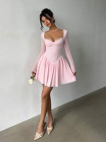 Aloruh 女士纯色浅粉色蕾丝拼接收腰A字迷你连衣裙，秋冬款 - 粉色 - 查看 5