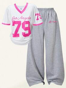 SHEIN ChillGRL 2件套女童休闲V领针织印花T恤和阔腿运动裤套装，春夏时尚运动装 - 彩色 - 查看 7