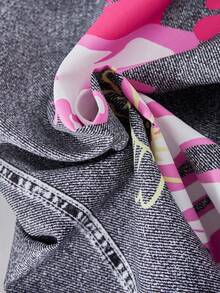 SHEIN ChillGRL Streecool 儿童休闲青少年女孩宽松街头风格牛仔印花裤、短款吊带背心、长袖连帽网眼衬衫三件套服装，时尚 - 玫紅色 - 查看 6