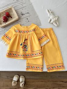 SHEIN 2pcs/Set Baby Girls' Casual Pattern Print Top And Pants Set, Suitable For Spring/Summer, Home, Outdoor, Holiday, Party, Daily Wear - Multicolor - View 10