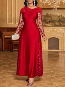 SHEIN Lady Women's Twist Decor Applique Mesh Long Sleeve Elegant Dress Red Dress, New Year's Dress, Christmas, Valentine's Day,Dresses For Women Elegant Red Wedding Guest Dress - Red - View 6