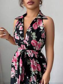 Elenzga Đầm dài cổ chữ V họa tiết hoa thanh lịch dành cho nữ cỡ lớn - màu đen - Xem 4
