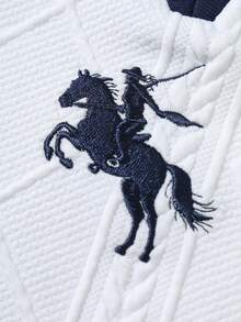 Manfinity Homme 男士骑士刺绣撞色长袖休闲宽松Polo衫，90年代运动风毛衣，男士网球Polo衫，针织衫 - 白色 - 查看 6