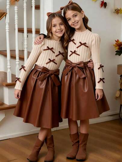  SHEIN KIDS,Best Gifts For 11 12 Year Olds Girl,1pc Girls Crew Neck Long Sleeve Ribbed Knit Patchwork Floral Hem Dress, Sweet & Ladylike, Autumn,Christmas Gifts For Kids 2025,Internet Girl