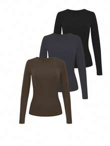 INAWLY Plus Size Women 3-Piece Set, Solid Color Round Neck Long Sleeve Ribbed Fitted T-Shirt - Multicolor - View 5