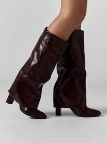 MISSGUIDED Botas altas de piel de patente con tacón de bloque para otoño e invierno, moda llamativa, estilo holgado, botas altas para vestir, calzado para eventos y ocasiones especiales - Café integral - Ver 4