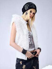 ROMWE Grunge Punk Y2K Kpop Faux Fur Hooded Cardigan Vest Jacket For Women - White - View 5