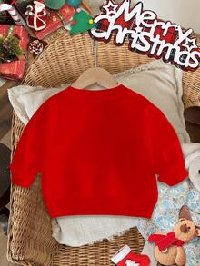 SHEIN 女婴休闲可爱卡通蝴蝶结圣诞树图案针织长袖卫衣，红色，节日气息浓郁，宽松圆领，舒适百搭，适合秋冬季及圣诞节外出聚会。红色女婴圣诞长袖衬衫，适合1岁女婴，春秋季皆宜。 - 彩色 - 查看 3
