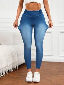 SHEIN PETITE Quần jeans nữ cạp cao ôm vừa vặn, co giãn cao màu xanh lam - Rửa nhẹ - Xem 5