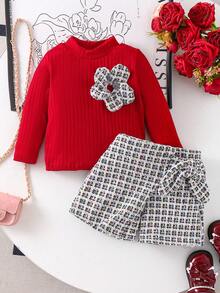 SHEIN 2件套女婴针织条纹3D立体花卉装饰立领长袖上衣和短裤套装，秋冬款 - 紅色 - 查看 3