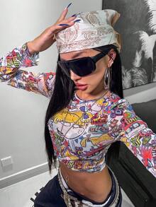 Nick 90s | SHEIN Women's Mesh Sheer Cartoon Pattern Round Neck Long Sleeve Cropped Top - Yellow - View 8