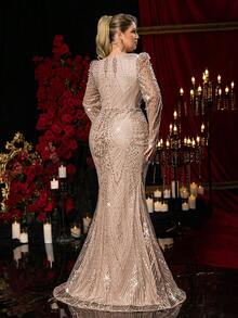 Glamrae 大码优雅浪漫香槟色方领长袖薄纱水钻珍珠装饰鱼尾连衣裙，适合婚礼、派对、正式场合、晚宴、正式晚礼服（重工装饰设计）