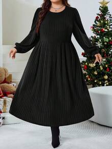 SHEIN CURVE+ 大码女式纯色灯笼红长袖罗纹针织冬装连衣裙 - 黑色 - 查看 6