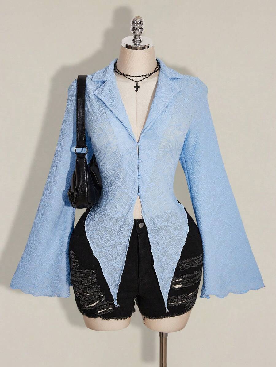 SHEIN ICON Áo voan trong suốt viền rau diếp ICON PLUS không có áo ngực cỡ lớn - 1891, Y2k - Màu xanh lam - Xem 1