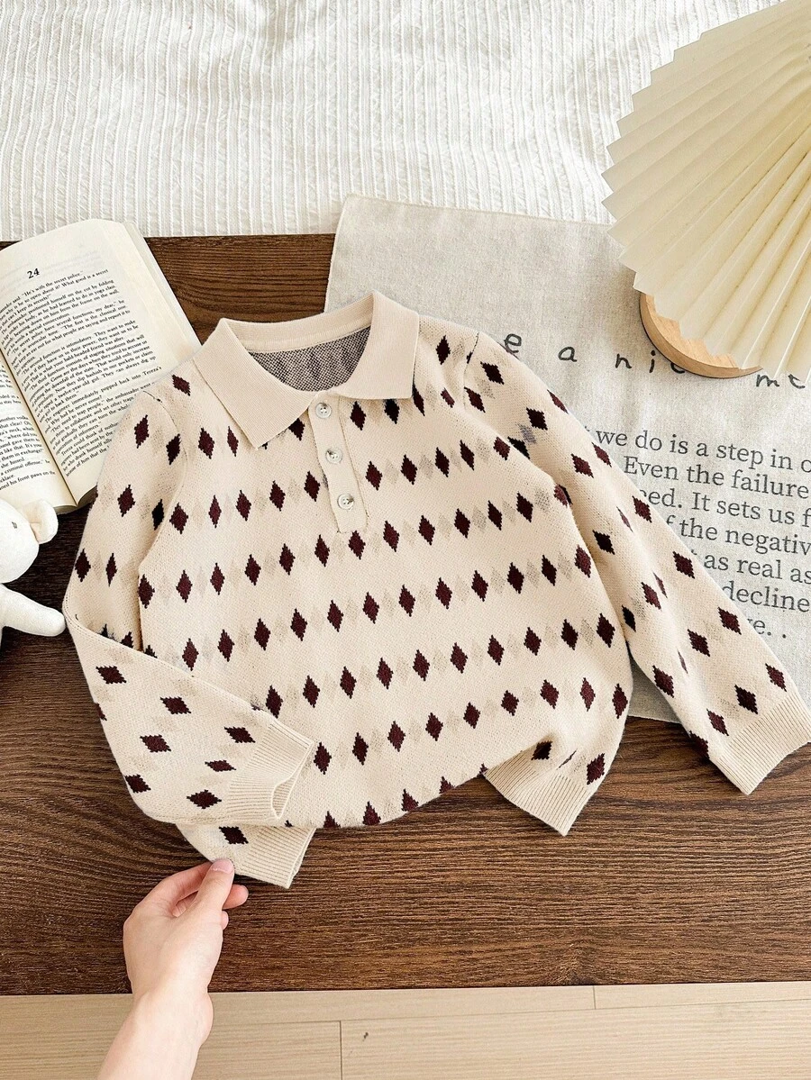 Blossori Young Boys Loose Fit Floral Knit Polo Neck Sweaters, Autumn/Winter - Apricot - View 1