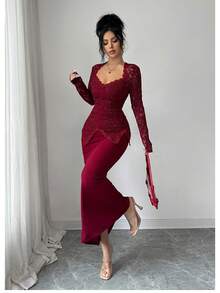 Modelyn Đầm ôm body midi cổ vuông phối ren, thắt nút eo dành cho nữ - Màu Đỏ Sâu - Xem 4