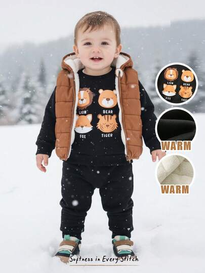 Cozy Pixies 男婴三件套服装：圆领长袖卫衣、松紧腰裤、无袖背心、加厚抓绒外套、动物纹卫衣套装
