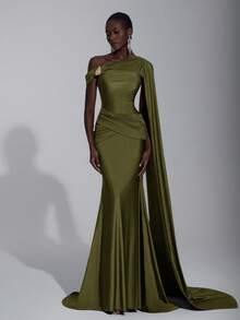 Elitara Elegant Chocolate Brown Knit Asymmetric Half-Exposed Shoulder Mermaid Hem Dress,Handcrafted Pleated Metal Buckle Waist Ruched Gown For Formal Dinner - Olive Green - View 5