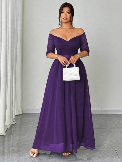 Elenzga Vestido maxi elegante y romántico para mujer de talla grande, con parches de encaje, hombros descubiertos, mangas cortas, cintura ceñida y fluido de gasa