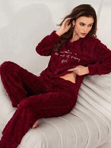 Letter Embroidery Jacquard Plush Women's Lounge Set, Fluffy Winter Clothes Cozy Sets Women Burgundy Pajama Set Women Lounge Wear Sets Red Pj Set Women Pajama Sets For Women Winter - Red - View 5