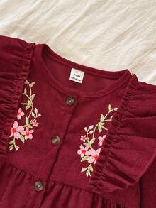 SHEIN 女婴刺绣休闲连衣裙，优雅森系风格，春秋季款 - 酒紅色 - 查看 7
