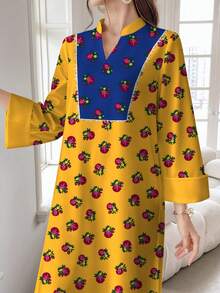 SHEIN Najma Women's Floral & Botanical Retro Print V-Neck Long Sleeve Elegant Arabic Style Dress, Spring/Autumn Kaftan Jalabiya Dress - Multicolor - View 3