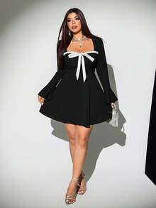 Viva Relle Váy nơ thời trang tay loe gợi cảm cỡ lớn cho nữ - Đen và trắng - Xem 4