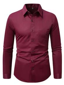 Manfinity Mode Men's Casual Solid Color Button-Down Long Sleeve Shirt - Burgundy - View 3