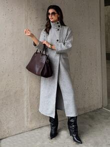 Firerie Women's Elegant Minimalist Commuter Urban Chic New Arrival Casual Stand Collar Button Herringbone Wool Blend Long Coat, Autumn/Winter - Grey - View 4